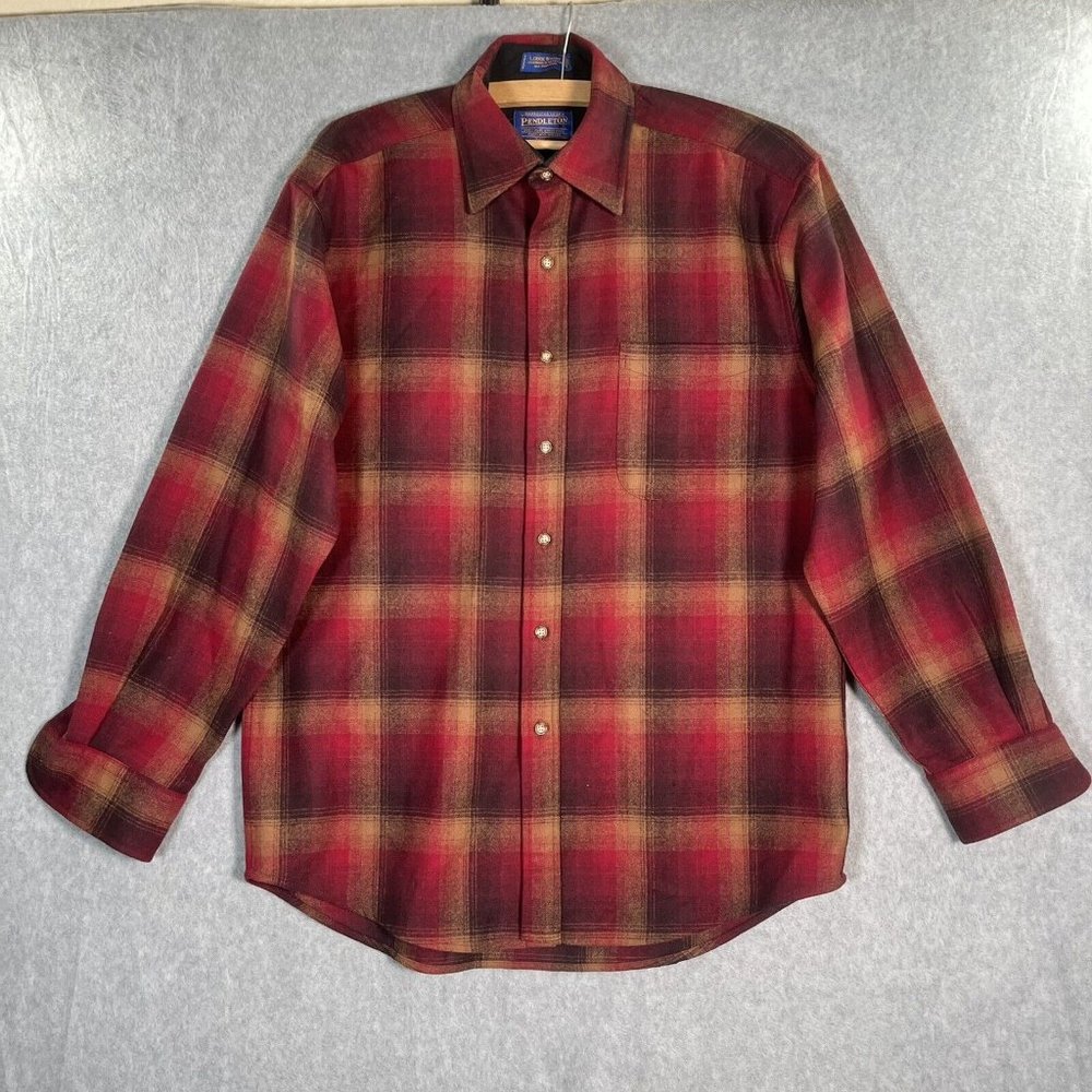 Pendleton Lodge Shirt Mens Medium Red Rust Plaid Wool Button Up Flannel